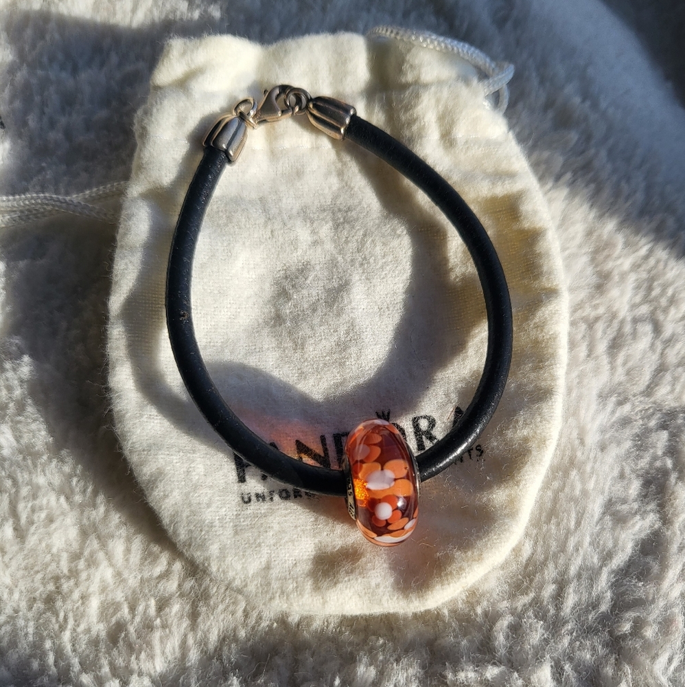Authentic Pandora Retired Orange Floral Murano Leather Bracelet Length 7"